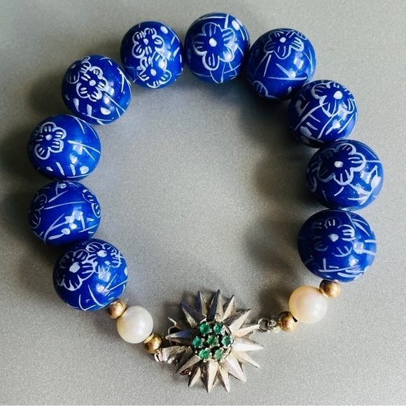 14K Gold Emerald Clasp Pearl Blue Floral Porcelain Bead Bracelet & Neckl… - Picture 2 of 14